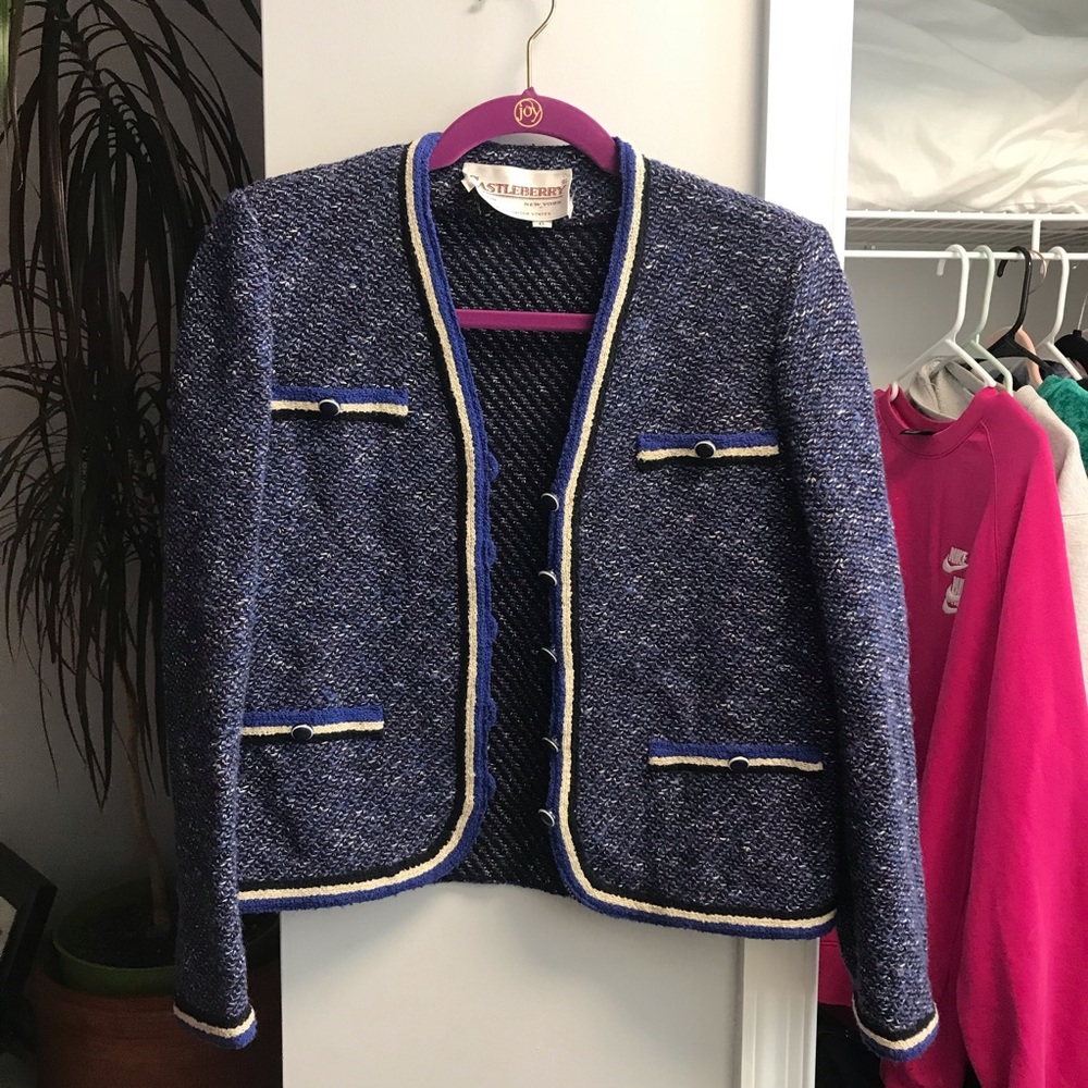 Vintage Castleberry Blue Tweed Knit Mini Jacket Blazer
